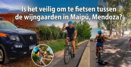 Toeristen fietsen veilig tussen de wijnhuizen langs de Wijnroute van Maipú in Mendoza.