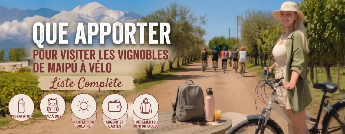 Checklist de ce qu’il faut emporter pour visiter les caves de Maipú à vélo, Mendoza, Argentine.