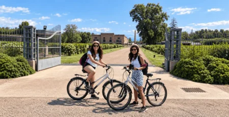 Amigas disfrutando en la entrada de Bodega Trapiche en Maipú