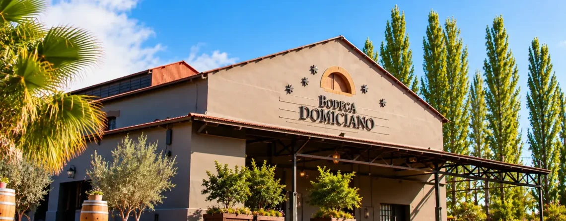Bodega Domiciano en Maipú, Mendoza, fachada de la bodega rodeada de árboles y barriles