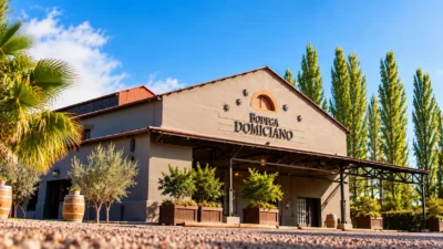 Bodega Domiciano en Maipú, Mendoza, fachada de la bodega rodeada de árboles y barriles