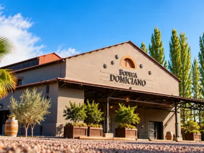 Bodega Domiciano en Maipú, Mendoza, fachada de la bodega rodeada de árboles y barriles