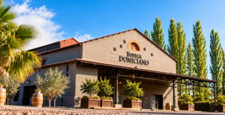 Bodega Domiciano en Maipú, Mendoza, fachada de la bodega rodeada de árboles y barriles