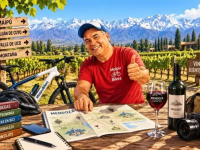 Cristian de Maipu Bikes junto a una bicicleta, con un mapa de Mendoza, viñedos y la Cordillera de los Andes, para presentar la Guía WTF! Mendoza.