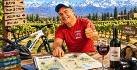 Cristian de Maipu Bikes junto a una bicicleta, con un mapa de Mendoza, viñedos y la Cordillera de los Andes, para presentar la Guía WTF! Mendoza.