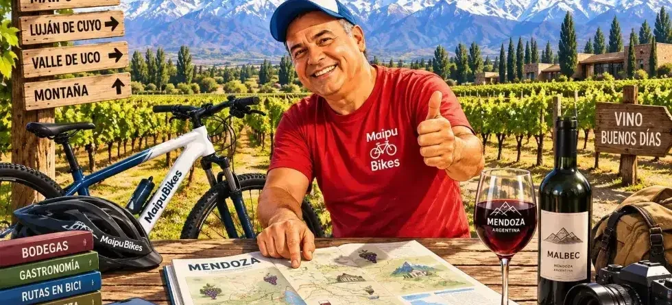 Cristian de Maipu Bikes junto a una bicicleta, con un mapa de Mendoza, viñedos y la Cordillera de los Andes, para presentar la Guía WTF! Mendoza.