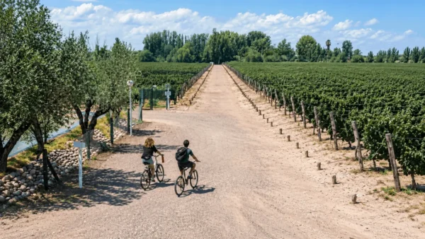 Turistas disfrutando de los viñedos de Bodega Mevi en Maipú
