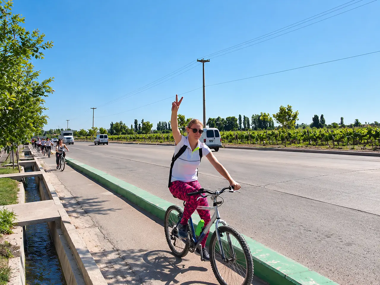 Grupo de turistas pedaleando por una ciclovía en Maipú, junto al tránsito y las acequias.