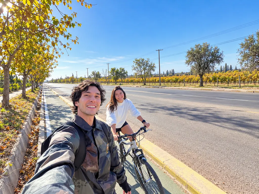 Pareja en bicicleta por el circuito de Maipú, con ciclovía y entorno urbano-vitivinícola.